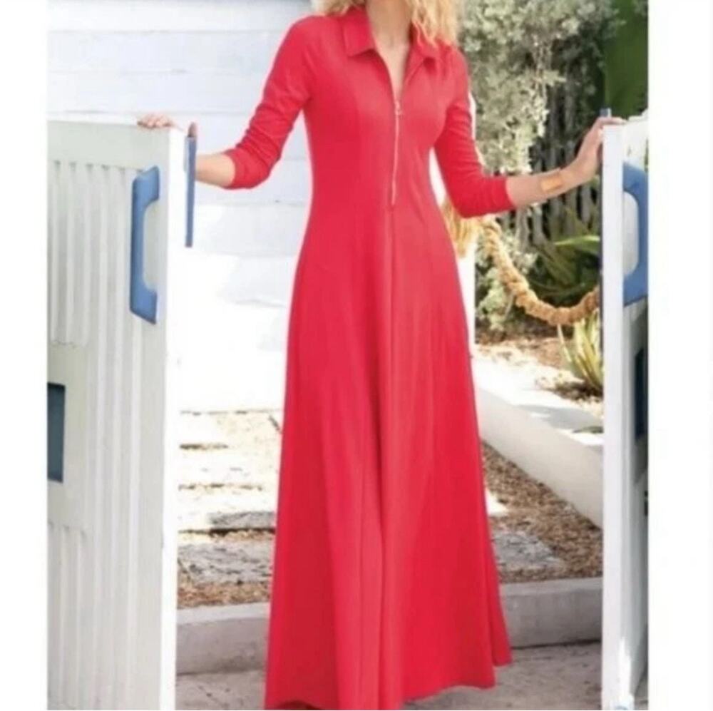 Soft Surroundings Maxi Dress Petite Size L Coral Pink Long Sleeve Pockets 3C889